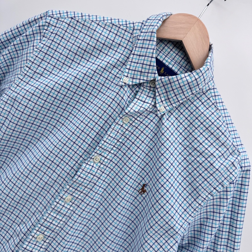 Ralph Lauren Slim Fit Stretch Oxford Mens M Blue Teal Check Button Down Shirt